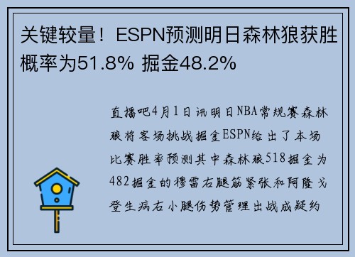 关键较量！ESPN预测明日森林狼获胜概率为51.8% 掘金48.2%