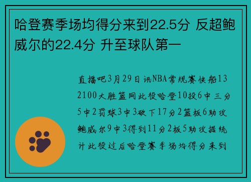 哈登赛季场均得分来到22.5分 反超鲍威尔的22.4分 升至球队第一