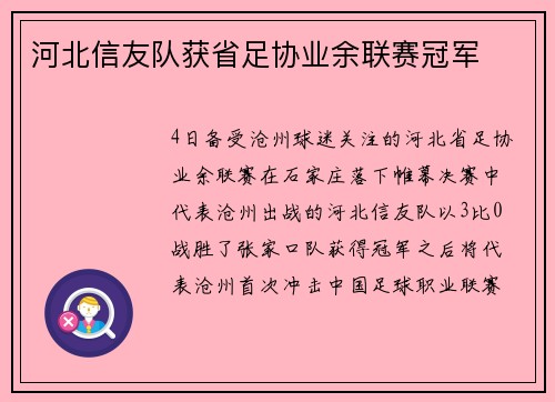 河北信友队获省足协业余联赛冠军